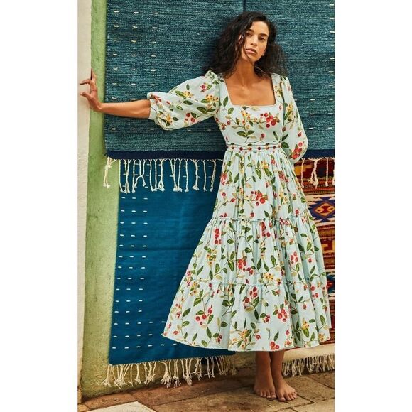AGUA BY AGUA BENDITA Miel Floral Cotton Poplin Midi Dress Small - Picture 1 of 10